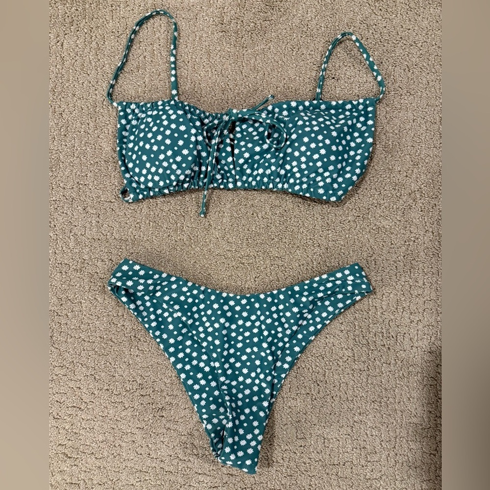 Zaful Green Bikini with White Floral Design, size M